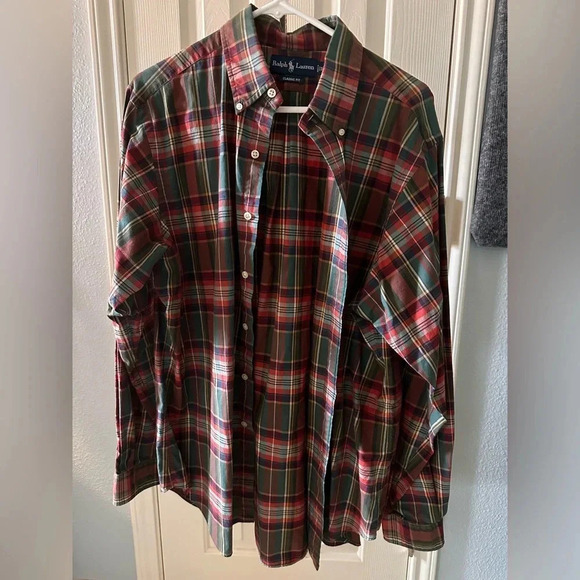 Polo Ralph Lauren Red and Green PLAID Classic Button Down Shirt Mens Large - Picture 1 of 9